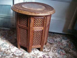 Old Vintage Carved Wooden Brass Inlaid Folding Anglo Indian Octagonal Table Wood 2