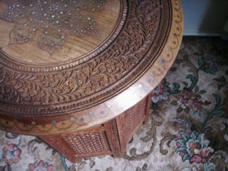 Old Vintage Carved Wooden Brass Inlaid Folding Anglo Indian Octagonal Table Wood 3