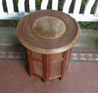 Old Vintage Carved Wooden Brass Inlaid Folding Anglo Indian Octagonal Table Wood 4