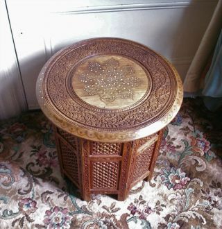 Old Vintage Carved Wooden Brass Inlaid Folding Anglo Indian Octagonal Table Wood 5