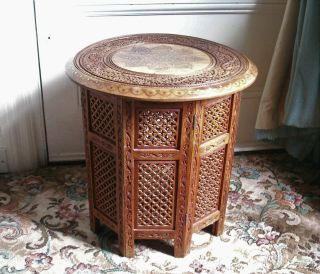 Old Vintage Carved Wooden Brass Inlaid Folding Anglo Indian Octagonal Table Wood 6