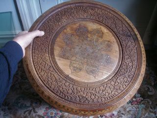 Old Vintage Carved Wooden Brass Inlaid Folding Anglo Indian Octagonal Table Wood 7
