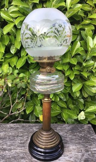 Antique Brass Corinthian Column Duplex Oil Lamp Cut Glass Font Etched Globe
