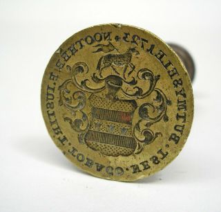 ATTRACTIVE ANTIQUE WROUGHT IRON AND ENGRAVED BRASS WAX SEAL STAMP,  DATED 1723 6
