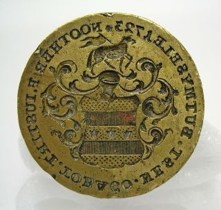 ATTRACTIVE ANTIQUE WROUGHT IRON AND ENGRAVED BRASS WAX SEAL STAMP,  DATED 1723 7