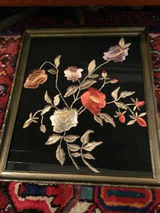 Antique Framed Silk Crewel Embroidered Flowers Black Fabric Gold Framed