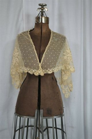 Lace Collar Shawl Fichus Needle Net White Embroidered Civil War Era 1800s Lg Vg