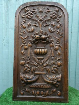 19thc Gothic Wooden Walnut Panel With Gargoyle Heads,  Fruits,  Other C1880