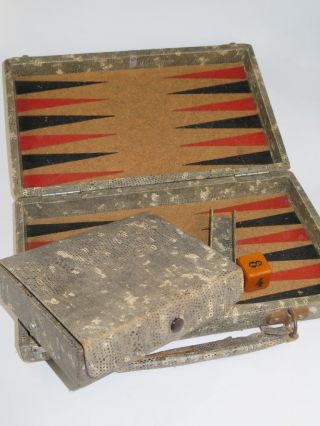 Antique Backgammon Game In Wooden Case Snake Skin Cover Cork Playing Board