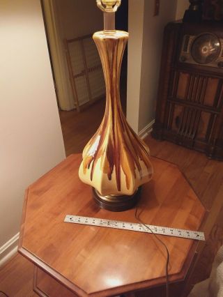 Mid Century Ceramic Brown /yellowdrip Glaze Table Lamp Vtg Retro Pottery Light