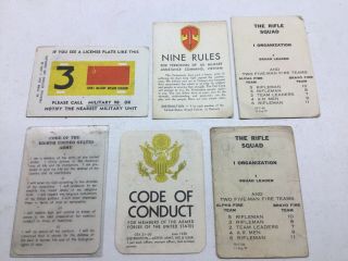 6 Pc.  Vietnam Era Us Army Pocket Cards.  Smlm Nine Rules Rifle Squad Conduct