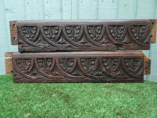 Pair: 16thc Gothic Wooden Oak Carved Panels With Gothic Carvings C1590s