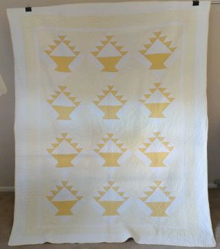 Vintage 30s/40s Yellow/gold And White Basket Antique Quilt 88 " X 67 " (q11)