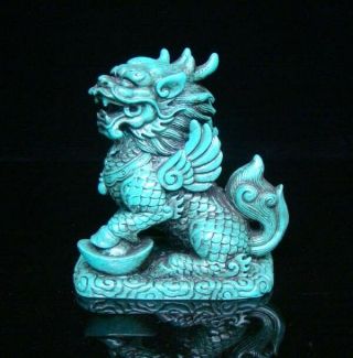 Chinese Turquoise Handmade Carved Statue Lion Exquisite Collectible Deco Art