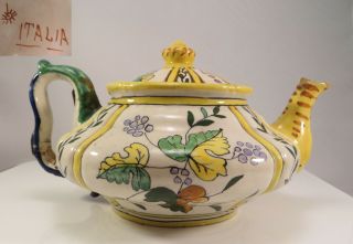 Antique Large Italian Ceramic Porcelain Majolica Teapot Metal W/ Staple Repairs