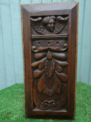 16thc Gothic Wooden Oak Panel With Winged Angel Head Figure,  Other C1590s
