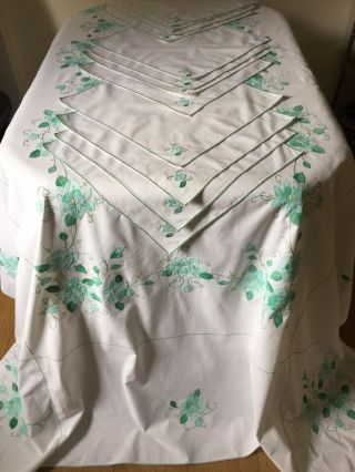 Vintage Linen Very Large Tablecloth & 12 Napkins.  White/green Applique 98 " X 68 "