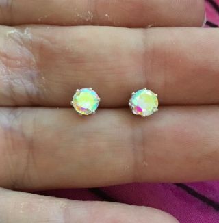 Vintage Antique Silver Small Aurora Borealis Crystal Stud Earrings Estate Find