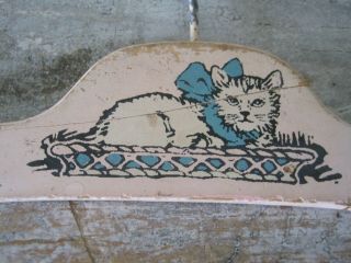 FIVE Vintage Primitive Wood Pink Coat Hangers with Cats Blue Bows Great Find 2