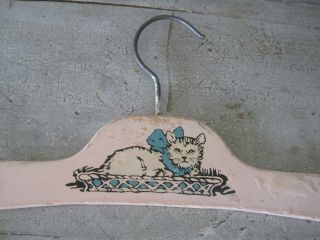 FIVE Vintage Primitive Wood Pink Coat Hangers with Cats Blue Bows Great Find 4
