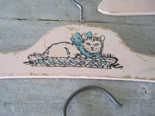 FIVE Vintage Primitive Wood Pink Coat Hangers with Cats Blue Bows Great Find 6