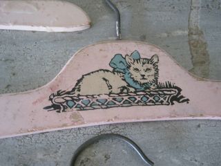 FIVE Vintage Primitive Wood Pink Coat Hangers with Cats Blue Bows Great Find 7