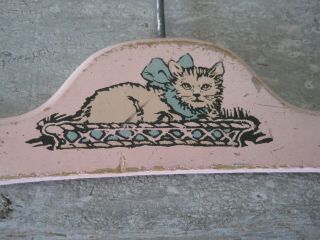 FIVE Vintage Primitive Wood Pink Coat Hangers with Cats Blue Bows Great Find 8