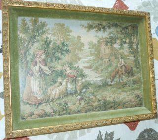Framed French Belgium Wall Hanging Tapestry Embroidery Vintage Old Antique