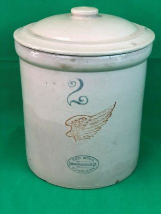Antique RED WING Union Stoneware Crock 2 Gallon & 2 LID 4