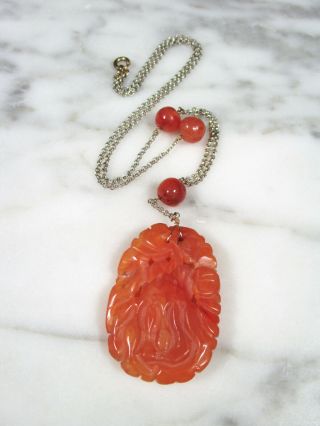 Art Deco Chinese Carved Carnelian Buddha Hand Citron Sterling Silver Necklace