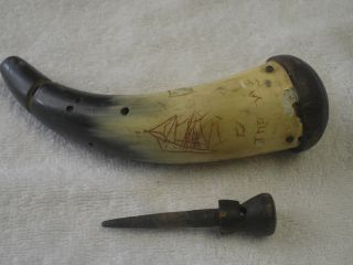 Old Vintage Animal Powder Horn With Stopper Marks Ship Theodore Alabama