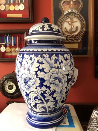 Very Large Vintage Blue And White Hand Painted Oriental Temple Jar