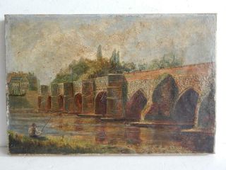 Really Old Painting Antique Oil River Fishing Bridge