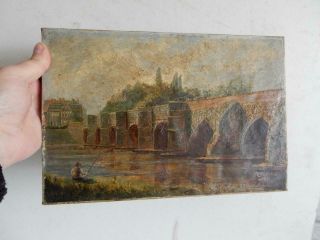 really old PAINTING antique oil river fishing bridge 2