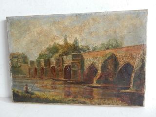 really old PAINTING antique oil river fishing bridge 4