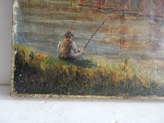 really old PAINTING antique oil river fishing bridge 5