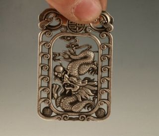 Chinese Tibetan Silver Pendant Hollowed Sacred Dragon Mascot Collectible Gift
