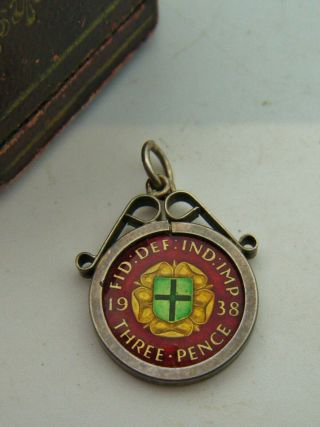A Nicely Enamel Worked 1938 Silver King George Vi Sixpence Pendant Fob / Charm