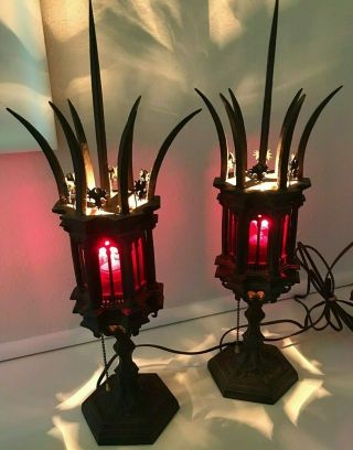 2 Arts Craft Tudor Gothic Cast Iron Table Lamps Red Glass Panels Spiked Finials