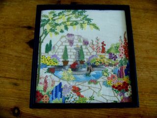 Gorgeous Vintage Hand Embroidered Panel Picture Cottage Garden Flowers Pond