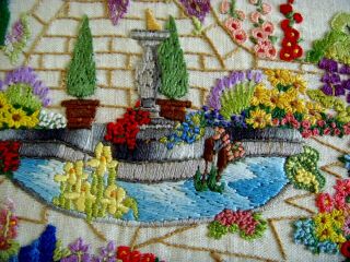 GORGEOUS VINTAGE HAND EMBROIDERED PANEL PICTURE COTTAGE GARDEN FLOWERS POND 2