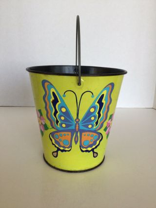 Vintage J.  Chein Tin Litho Sand Pail With Butterflies And Flowers
