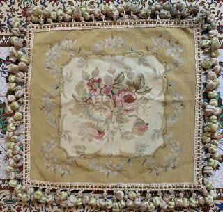 Antique 19c Aubusson French Hand Woven Tapestry Cushion 19 " X 19 " Fringe 2 "