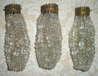 Three Antique Glass Beaded Light Bulb Covers Expandable Brass Collars