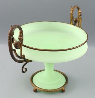 Antique 19thC French Green Opaline Glass w/Gilt Bronze Mount Tazza Compote 4