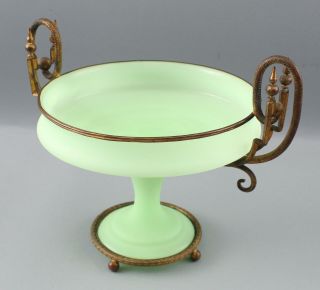 Antique 19thC French Green Opaline Glass w/Gilt Bronze Mount Tazza Compote 7