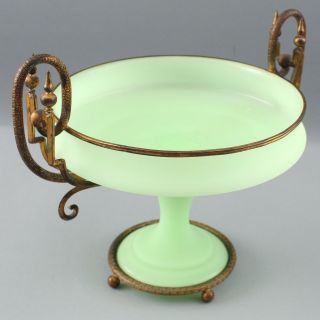 Antique 19thC French Green Opaline Glass w/Gilt Bronze Mount Tazza Compote 8
