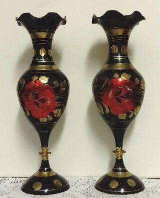 Vintage / Antique,  Two Indian Brass Enamelled Cloisonne Vases,  Vgc