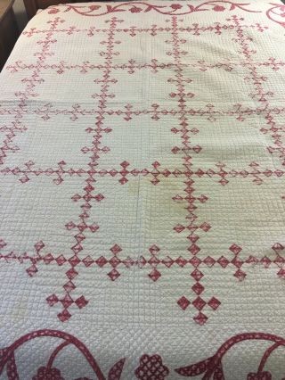 Vintage Handmade Tons Of Hand Quilting Red & White Irish Chain & AppliquÉ Quilt