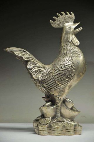 Delicate Chinese Silver Copper Handwork Carved Rooster & Coin Statue D02